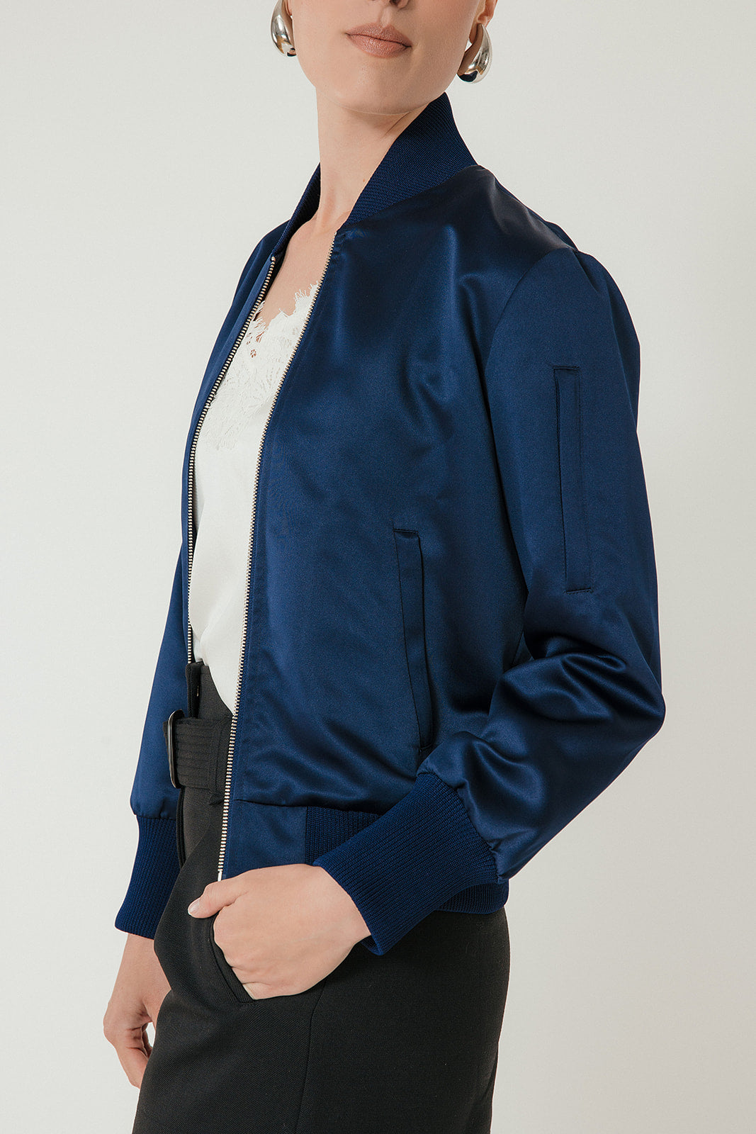 The Amelia Bomber Jacket in Midnight Satin