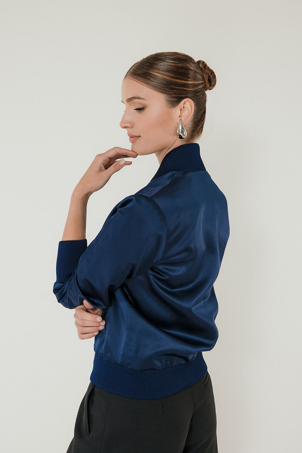 The Amelia Bomber Jacket in Midnight Satin