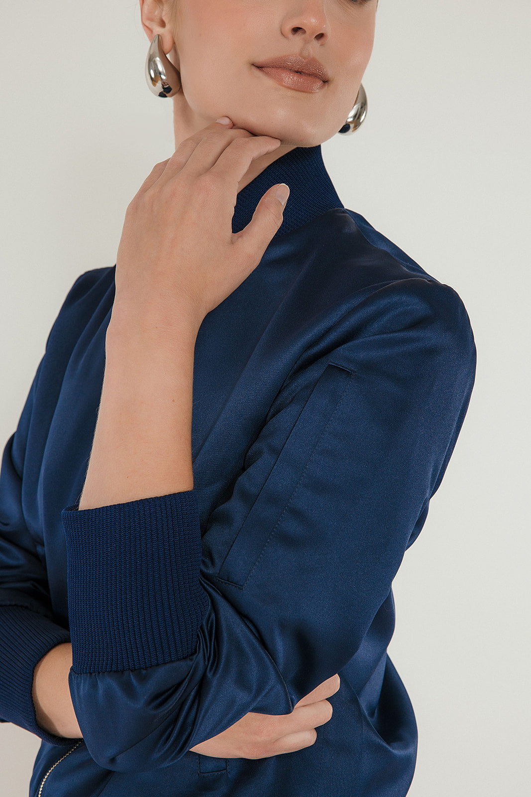 The Amelia Bomber Jacket in Midnight Satin
