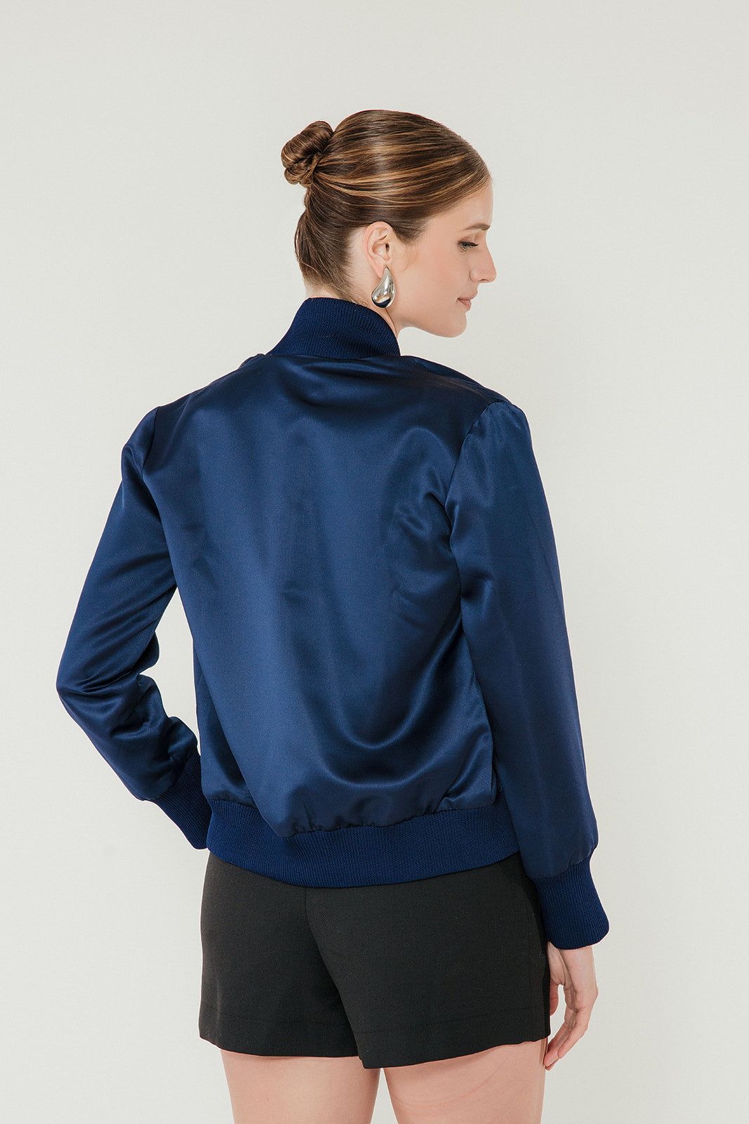 The Amelia Bomber Jacket in Midnight Satin