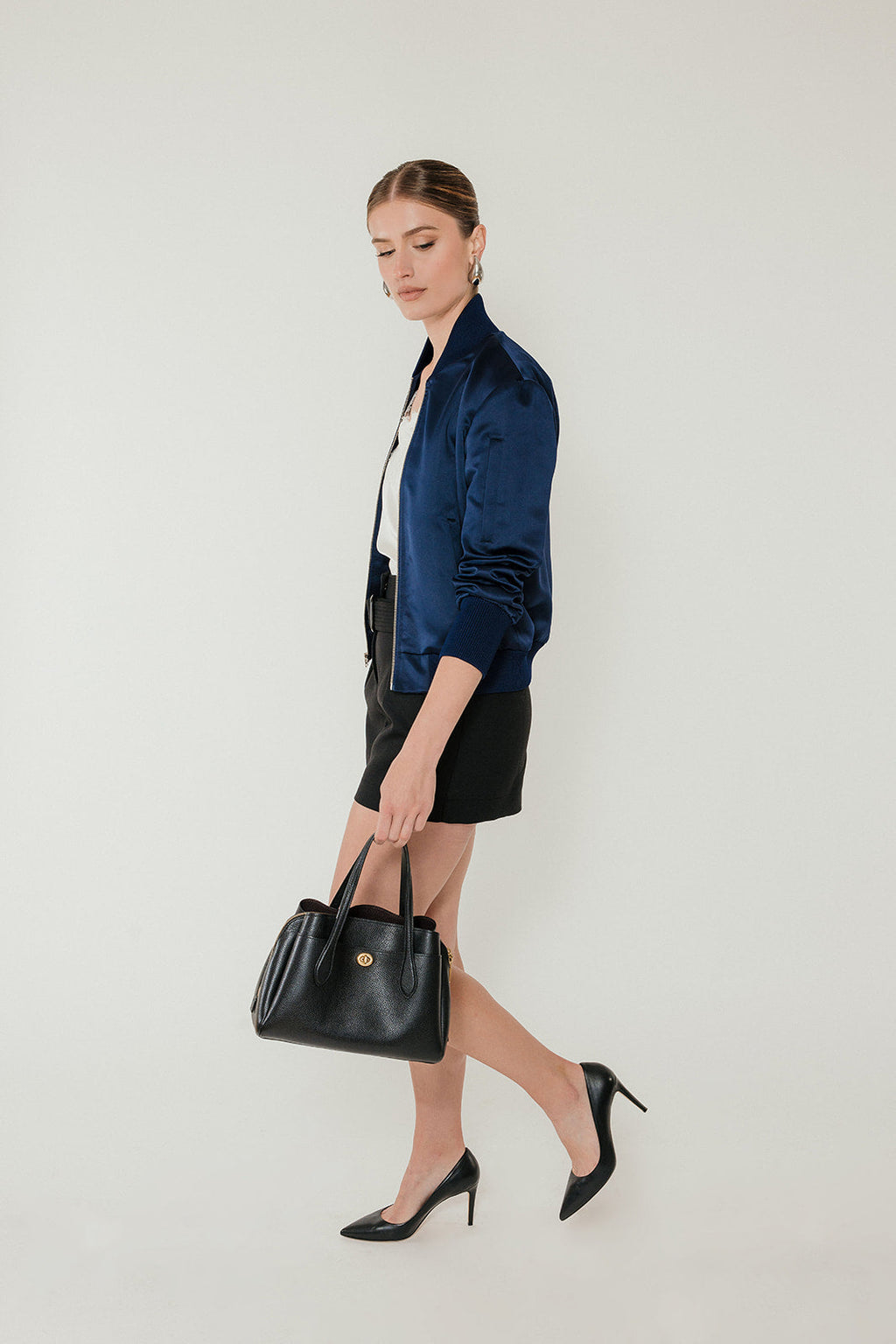The Amelia Bomber Jacket in Midnight Satin