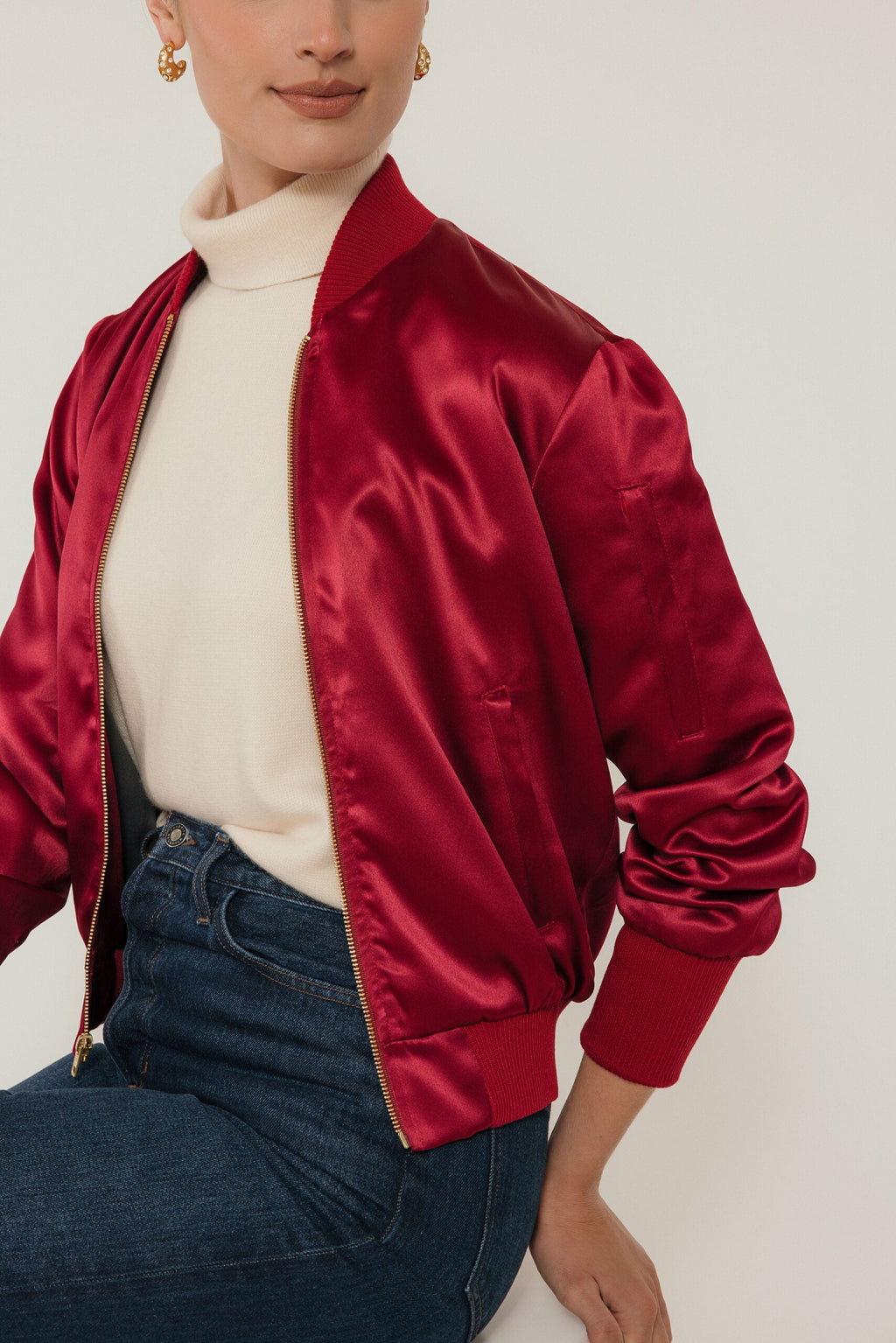 The Amelia Bomber Jacket in Mulberry Satin
