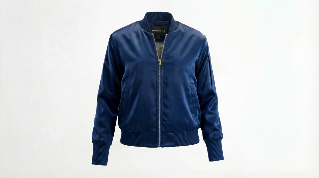 The Amelia Bomber Jacket in Midnight Satin