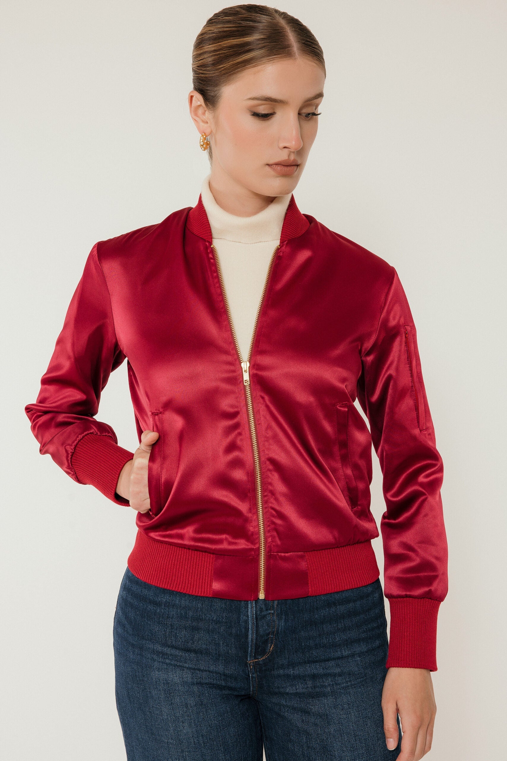 The Amelia Bomber Jacket in Mulberry Satin