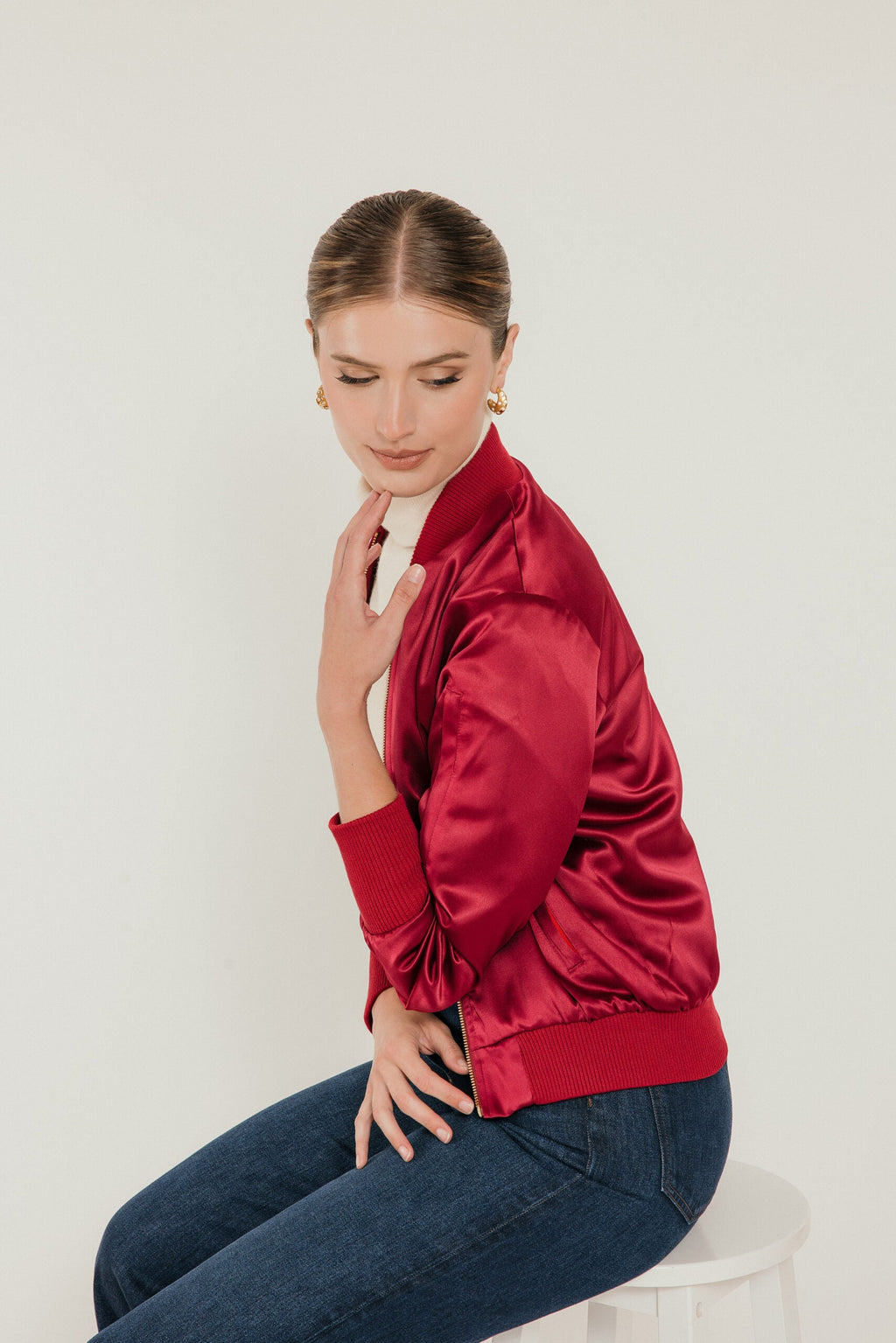 The Amelia Bomber Jacket in Mulberry Satin